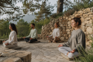 Retiro de meditación en Cataluña con grupo meditando en entorno natural