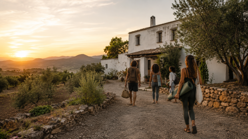 Retiros espirituales en España en entorno natural con grupo llegando a una casa de retiro