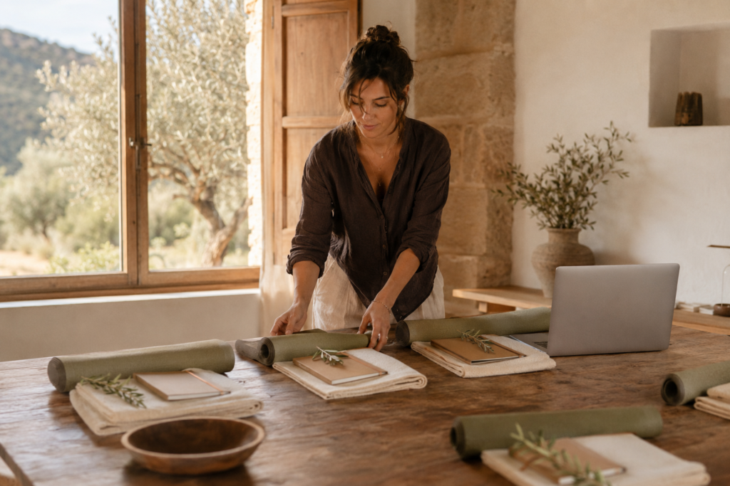 Organizadora preparando un retiro espiritual en España con materiales de yoga y planificación