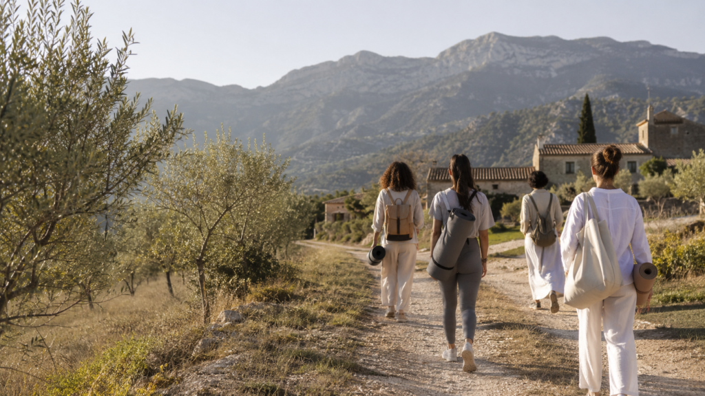 Retiros espirituales por zona en España con grupo caminando en entorno natural