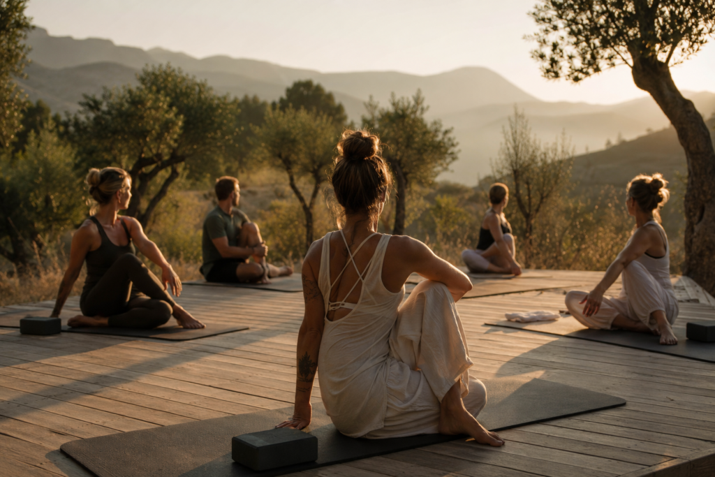 Grupo practicando yoga en un retiro espiritual en España al amanecer
