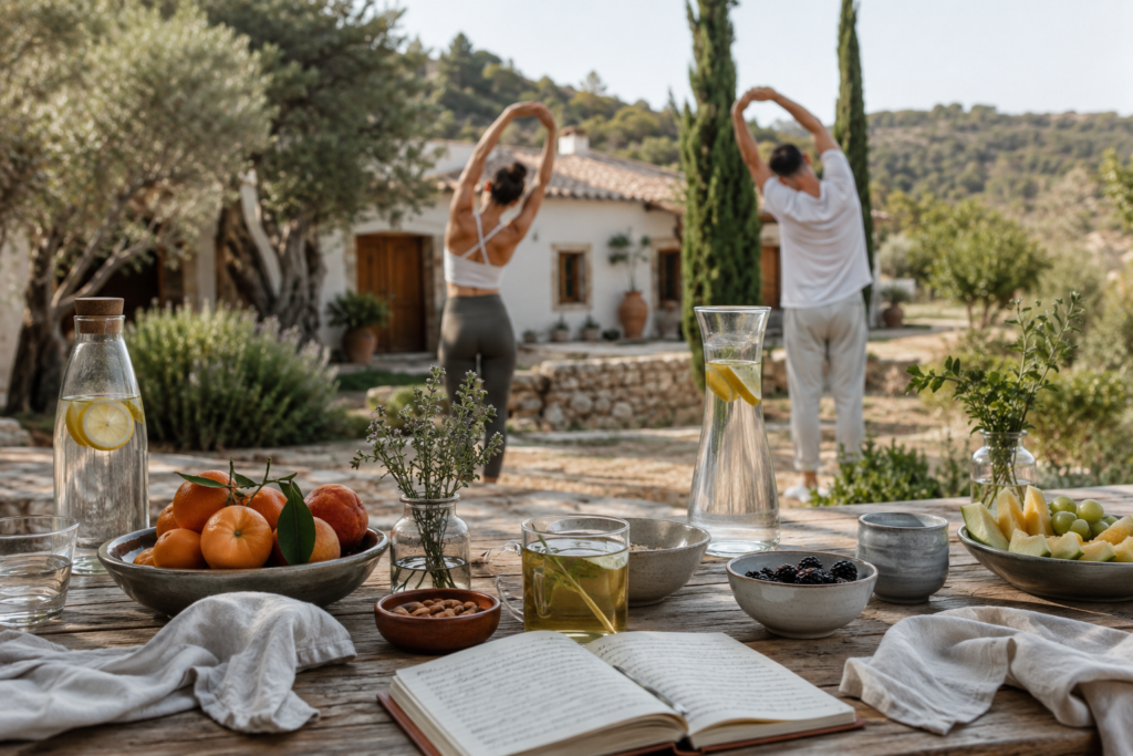 Mesa saludable en un retiro detox en España con fruta, infusiones y entorno natural