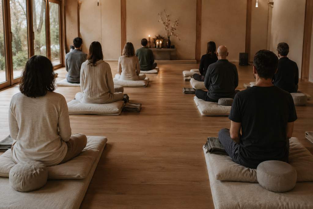 Personas meditando en silencio durante un retiro budista en España