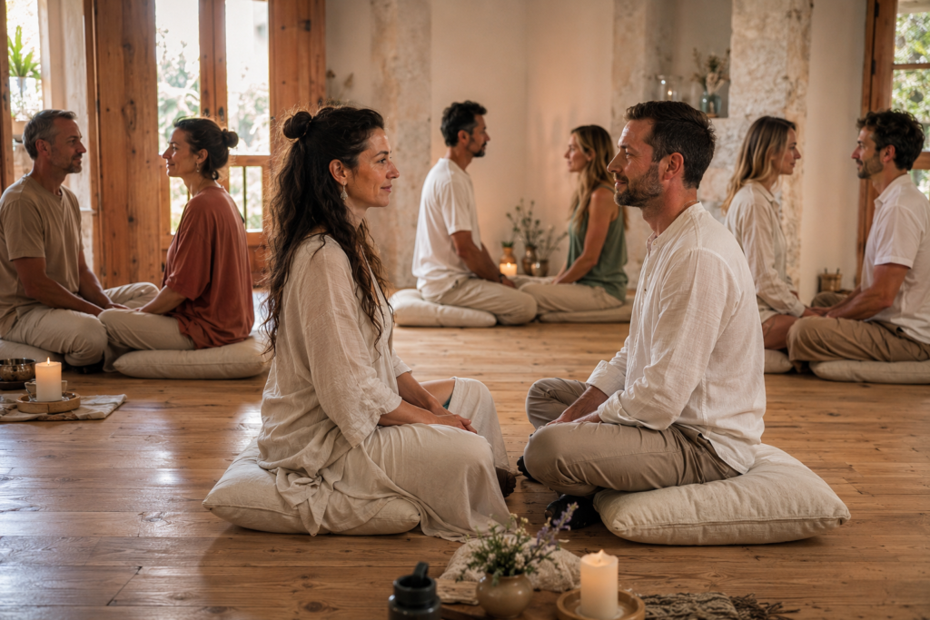 Grupo realizando una práctica de presencia en un retiro tantra en España