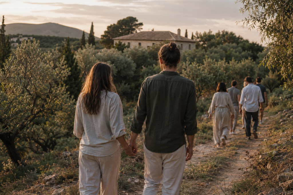 Parejas caminando en un retiro espiritual para parejas en España