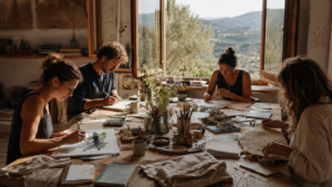 Retiro creativo en España con personas pintando y escribiendo en un estudio rural