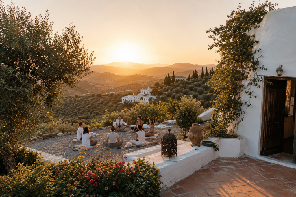Retiro espiritual en Andalucía con grupo meditando en una terraza rural al atardecer