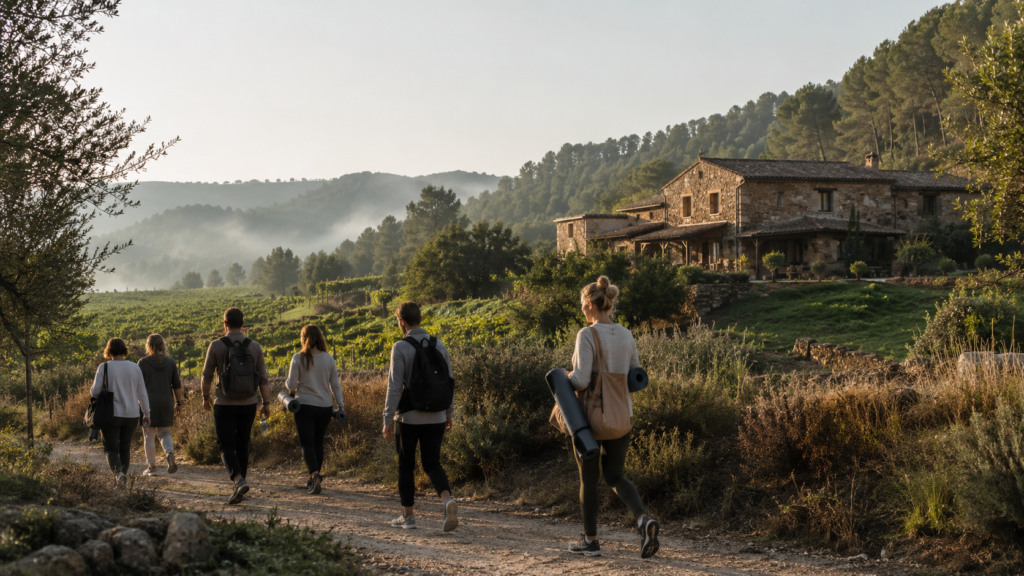 Retiros espirituales en Cataluña con grupo caminando junto a una masía rural