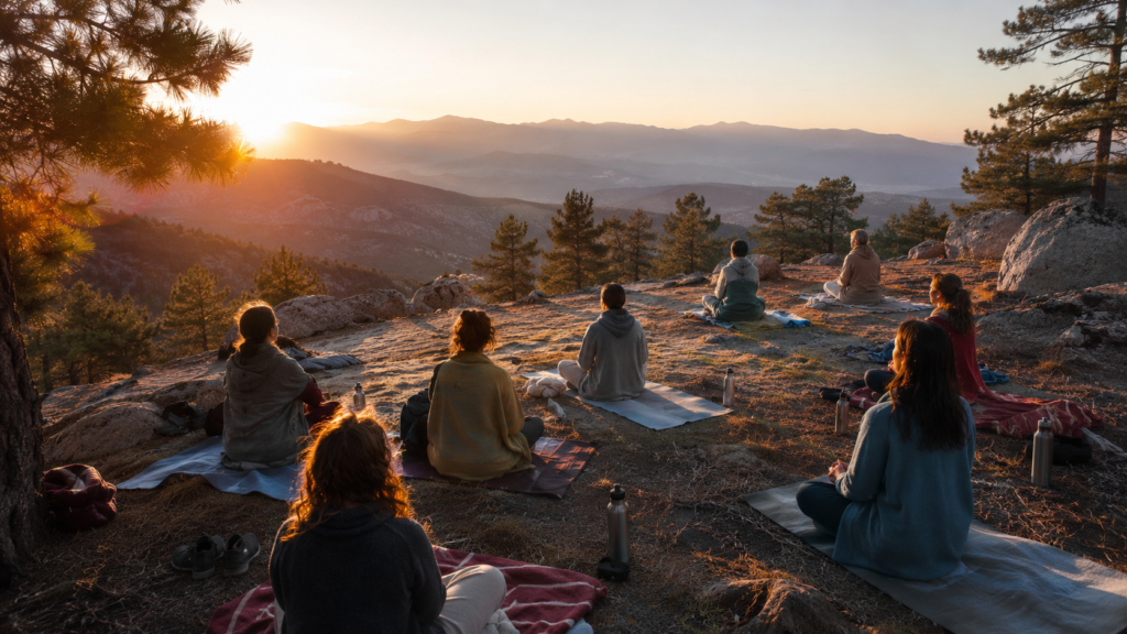 Retiro espiritual cerca de Madrid con grupo en la sierra al amanecer