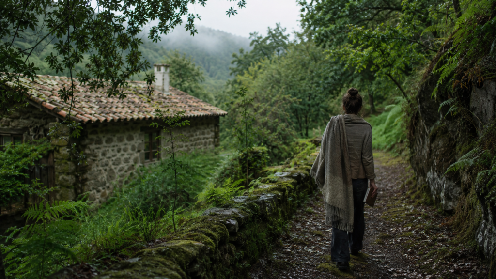Retiro espiritual en Galicia con persona caminando por un bosque verde y tranquilo