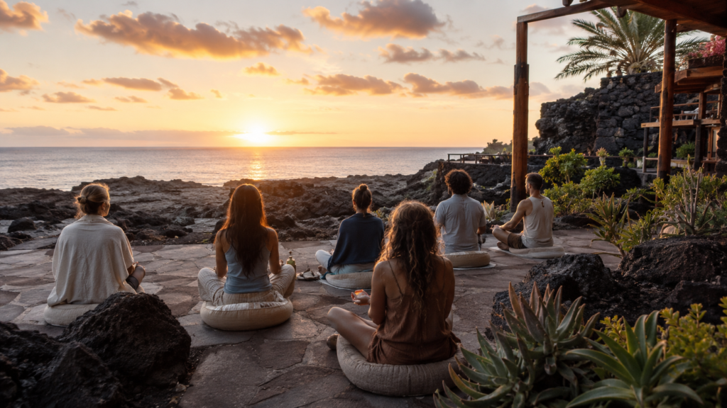 Retiro espiritual en Canarias con grupo meditando frente al océano en paisaje volcánico