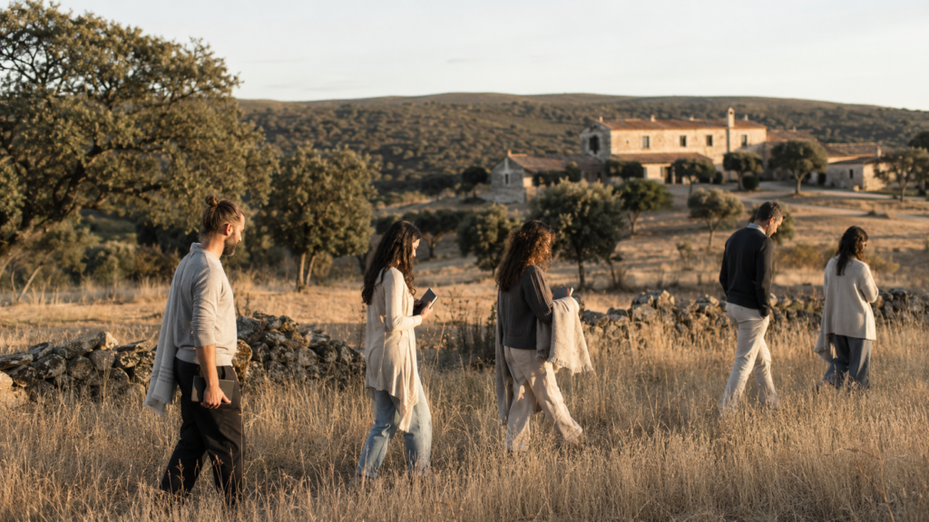 Retiro espiritual en Extremadura con grupo caminando por una dehesa al atardecer