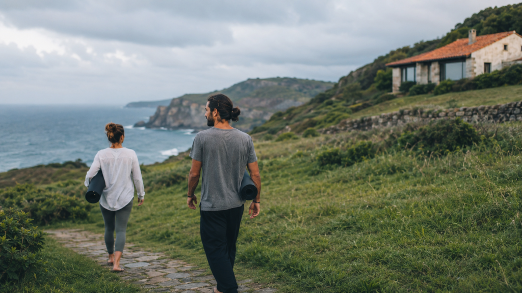 Retiro espiritual en Cantabria con personas caminando junto a la costa atlántica