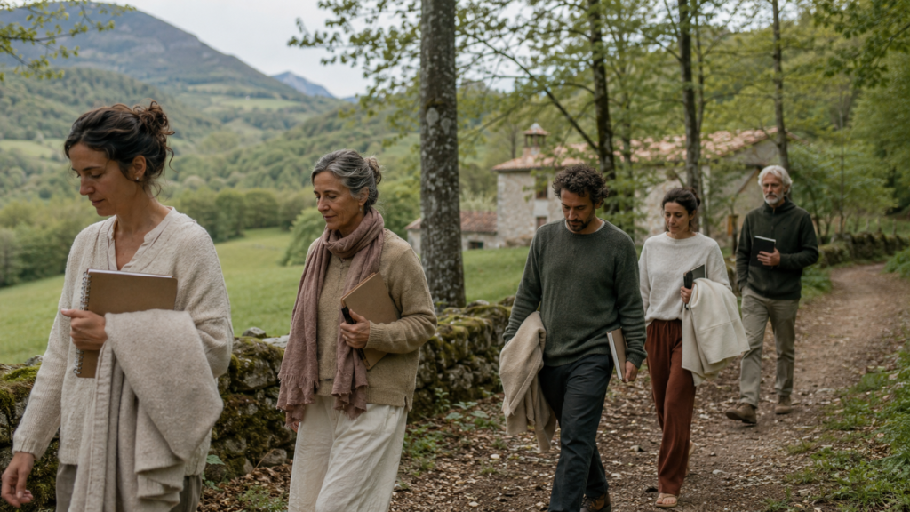 Retiro espiritual en Navarra con grupo caminando por un bosque cerca de los Pirineos