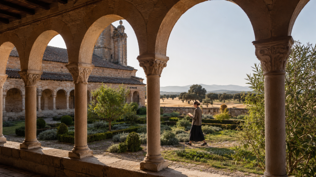 Retiro espiritual en Castilla y León con persona caminando en un entorno de piedra y campo