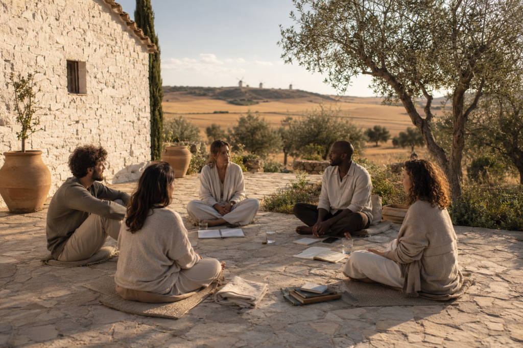 Retiro espiritual en Castilla-La Mancha con grupo en casa rural y paisaje abierto