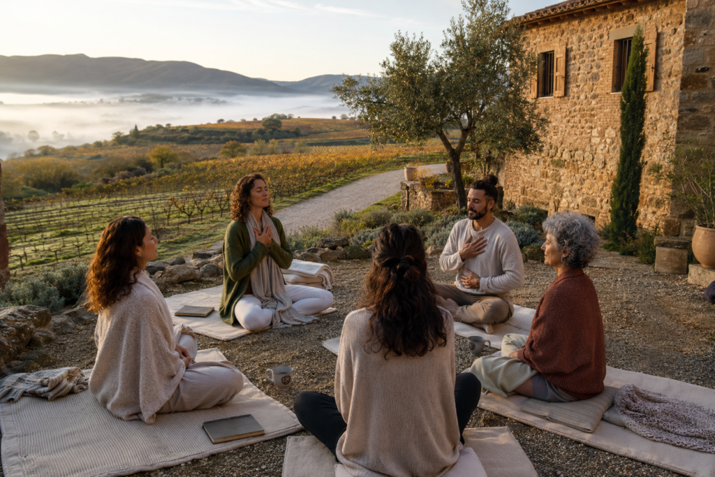 Retiro espiritual en La Rioja con grupo meditando entre viñedos y casa rural
